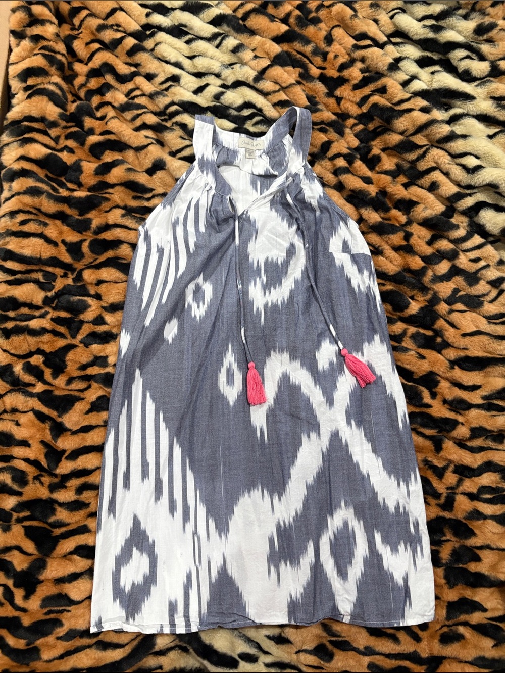 Gray and White Ikat Halter Dress with Pink Tassels Charlie Paige size M